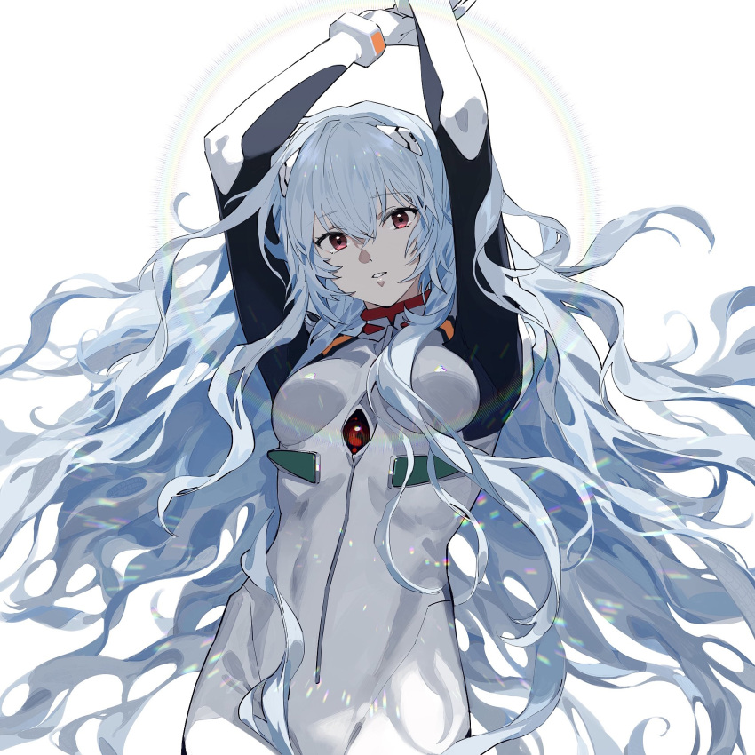 arms_up ayanami_rei blue_hair breasts formal hair_ornament highres kazari_tayu long_hair neon_genesis_evangelion plugsuit red_eyes suit toned very_long_hair white_suit