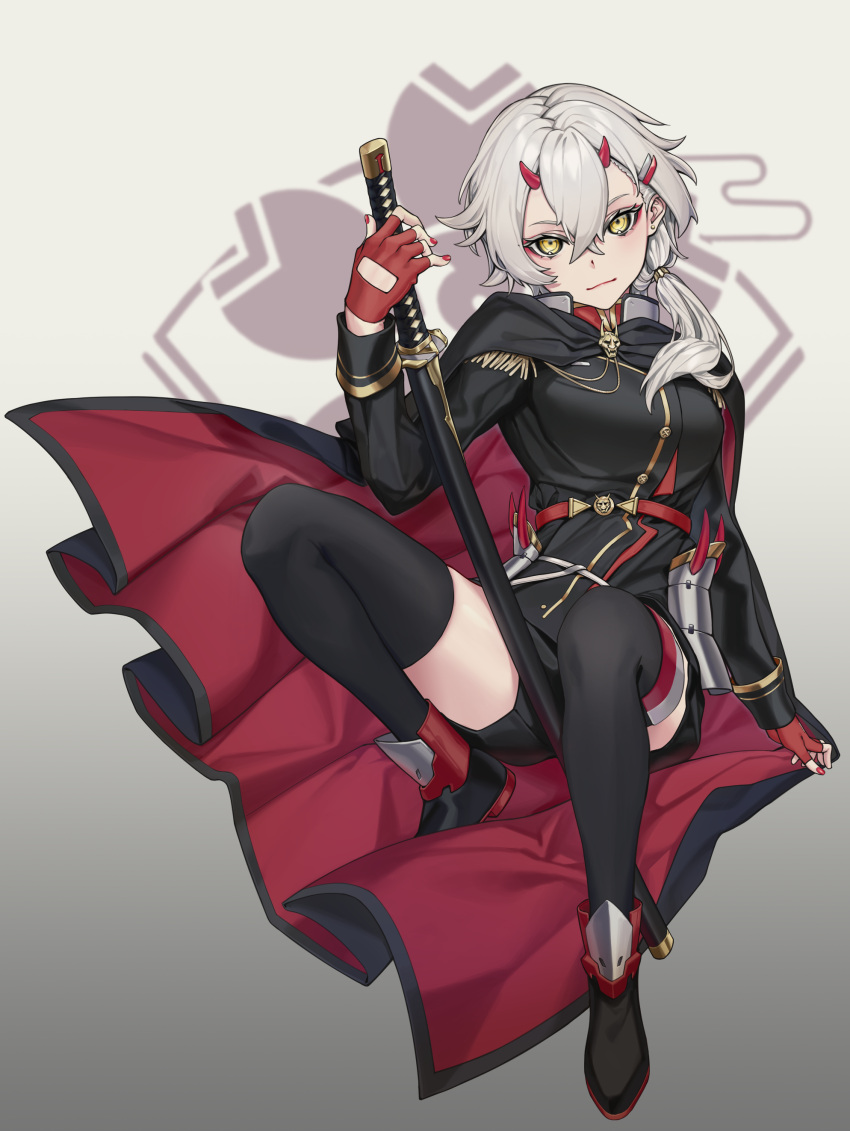 1girl absurdres azur_lane black_cape black_jacket black_legwear breasts cape epaulettes fingerless_gloves full_body gloves gradient gradient_background grey_hair highres holding holding_sword holding_weapon horns jacket katana kinu_(azur_lane) large_breasts looking_at_viewer oni_horns red_cape red_gloves red_nails sakura_empire_(emblem) senshu sheath sheathed simple_background solo sword thigh-highs two-tone_cape weapon yellow_eyes