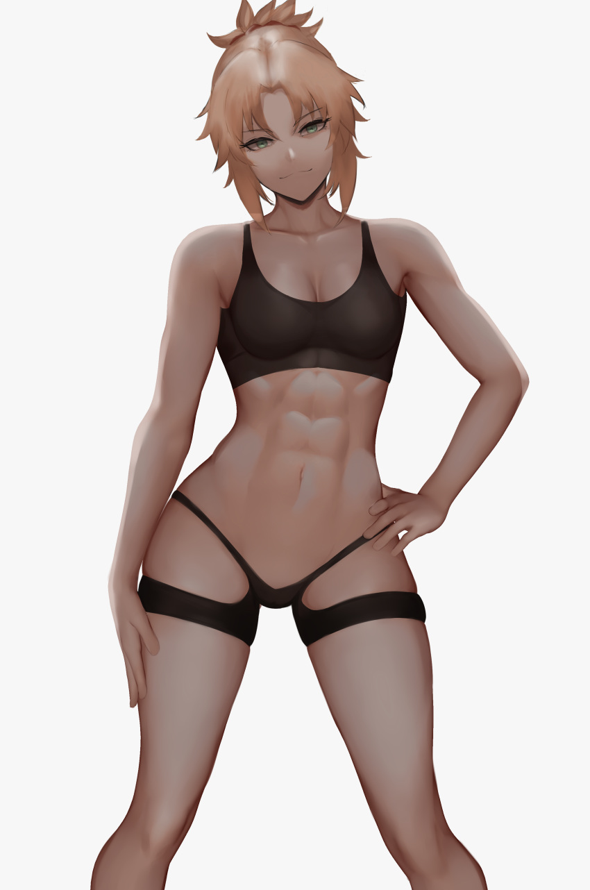 1girl abs absurdres alternate_costume black_shorts black_tank_top blonde_hair breasts fate/apocrypha fate/grand_order fate_(series) green_eyes highres looking_at_viewer medium_breasts mordred_(fate) mordred_(fate)_(all) muscular muscular_female navel revision shorts smile sportswear tank_top thighs tomboy toned zaki_(zaki_btw)
