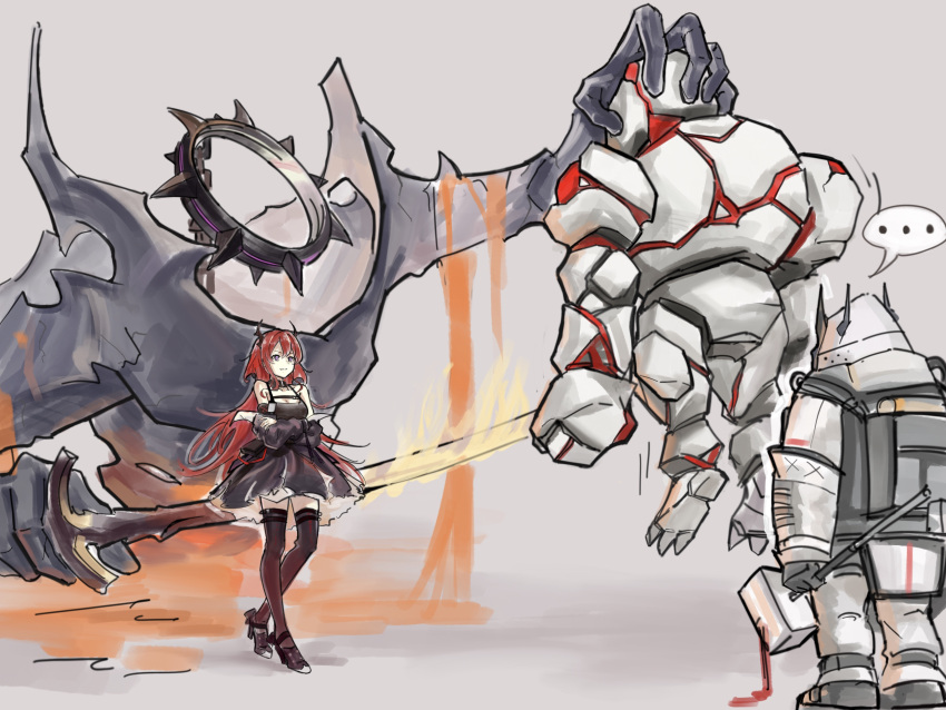 ... 2girls absurdres arknights bangs black_dress black_footwear black_legwear chinese_commentary commentary_request dress grey_background hammer high_heels highres holding holding_hammer holding_weapon horns left-handed long_hair mudrock_(arknights) mudrock_colossus_(arknights) multiple_girls redhead spoken_ellipsis standing surtr_(arknights) sword thigh-highs very_long_hair violet_eyes weapon zettai_ryouiki zowli