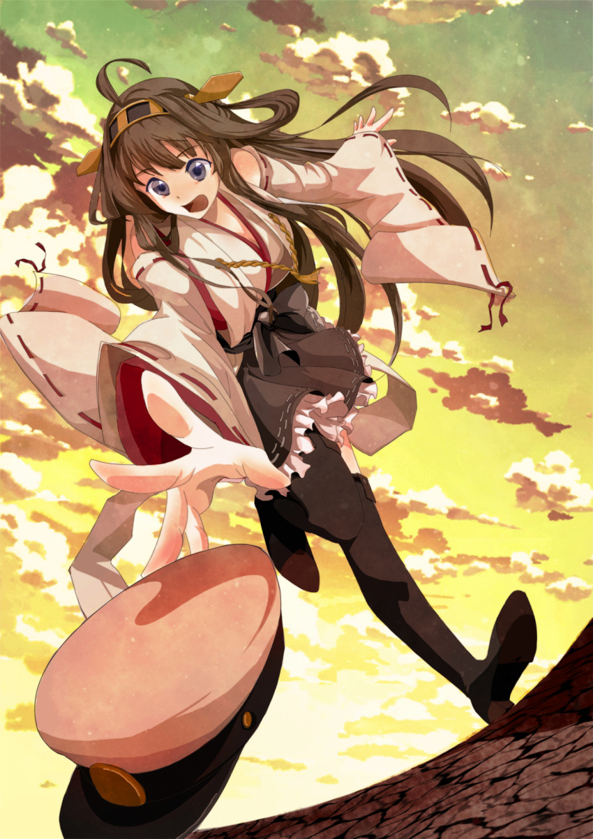 1girl :o ahoge bare_shoulders boots brown_hair brown_skirt detached_sleeves double_bun frilled_skirt frills from_below full_body hat headgear high_heel_boots high_heels highres kanatorasan kantai_collection kongou_(kancolle) leg_up long_hair looking_down military_hat nontraditional_miko remodel_(kantai_collection) skirt solo sunset thigh-highs thigh_boots violet_eyes