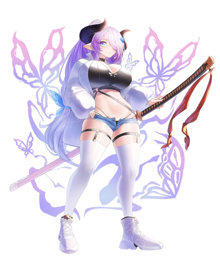1girl bug butterfly choker draph garter_straps gooak granblue_fantasy hair_ornament highres horns insect long_hair narmaya_(granblue_fantasy) oversized_clothes ponytail purple_hair shoes shorts simple_background sneakers sword thigh-highs violet_eyes weapon