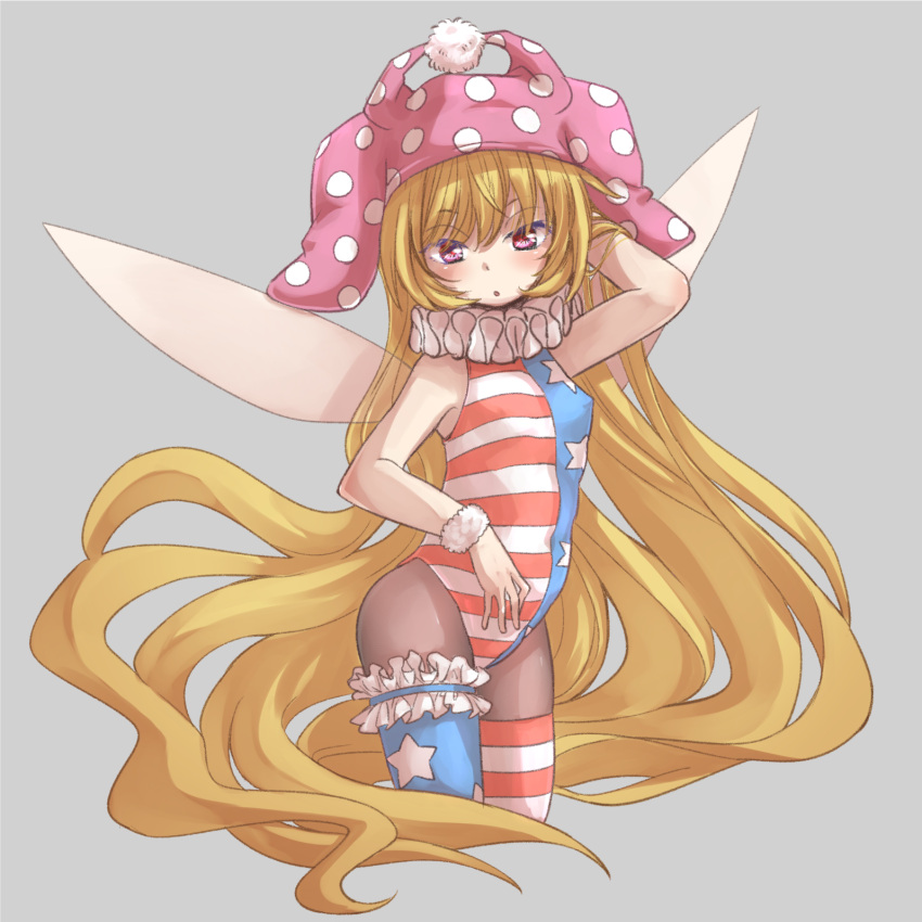 1girl absurdly_long_hair adapted_costume alternate_legwear american_flag_legwear bare_arms bare_shoulders black_legwear blonde_hair breasts clownpiece cropped_legs fairy_wings grey_background hat highres jester_cap leotard long_hair looking_at_viewer neck_ruff nibi pantyhose pink_eyes polka_dot simple_background sleeveless small_breasts solo star_(symbol) striped thigh-highs touhou very_long_hair wings wrist_cuffs