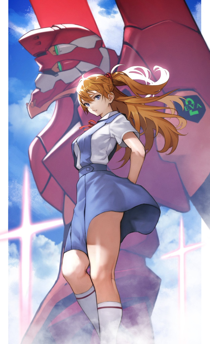 1girl arms_behind_back blue_skirt breasts brown_hair cross day eva_02 feet_out_of_frame highres interface_headset kneepits long_hair long_skirt looking_at_viewer mecha medium_breasts multicolored_hair neon_genesis_evangelion pigeon-toed school_uniform skirt socks solo_focus souryuu_asuka_langley standing thighs two-tone_hair wind wind_lift yoshio_(55level)