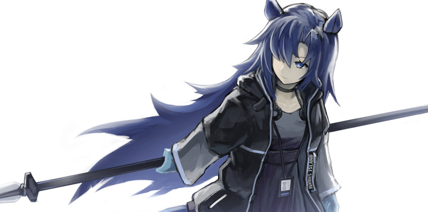 1girl animal_ears arknights black_choker black_coat black_dress blue_eyes blue_gloves blue_hair choker closed_mouth clothes_writing coat cowboy_shot dress fang_(arknights) gloves hair_over_one_eye highres holding holding_lance holding_polearm holding_weapon id_card lance long_hair long_sleeves looking_away looking_to_the_side open_clothes open_coat pale_skin polearm sentou_kouhei_kitsune simple_background smile solo very_long_hair weapon white_background