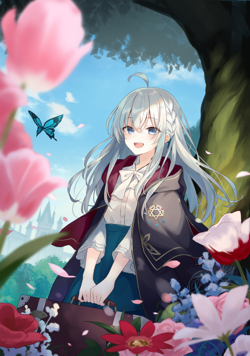 1girl :d ahoge animal azuuru bangs black_cape blue_flower blue_skirt blue_sky blurry blurry_foreground bow braid bug building butterfly cape clouds collared_shirt day depth_of_field dress_shirt elaina_(majo_no_tabitabi) eyebrows_visible_through_hair flower grey_eyes hair_between_eyes high-waist_skirt highres hood hood_down hooded_cape insect long_hair looking_at_viewer majo_no_tabitabi open_mouth outdoors petals pink_flower red_flower shirt silver_hair skirt sky smile solo tree tulip upper_teeth very_long_hair white_bow white_shirt