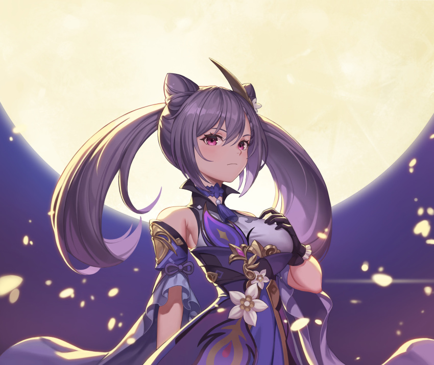 1girl absurdres bare_shoulders breasts detached_sleeves double_bun dress frilled_dress frilled_sleeves frills full_moon genshin_impact gloves hair_bun hand_on_own_chest highres keqing_(genshin_impact) medium_breasts moon night night_sky nolan purple_hair sideboob sky solo twintails upper_body violet_eyes