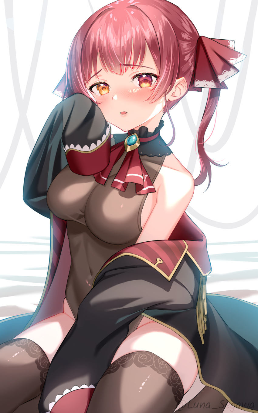 1girl :o ascot bangs between_legs black_coat blush breasts brown_legwear brown_leotard coat collarbone covered_navel eyebrows_visible_through_hair floral_print hand_between_legs hand_up heterochromia highres hololive houshou_marine leotard long_sleeves looking_at_viewer luna_(mi-chanman) medium_breasts no_hat no_headwear off_shoulder open_clothes open_coat parted_lips print_legwear red_eyes red_neckwear short_hair short_twintails sitting sleeves_past_fingers sleeves_past_wrists solo thigh-highs twintails twitter_username virtual_youtuber yellow_eyes