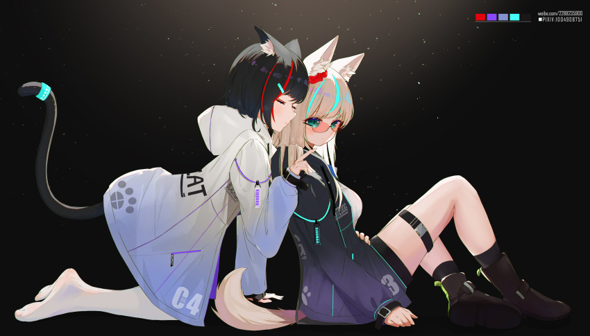 2girls absurdres animal_ear_fluff animal_ears aqua_eyes bangs black_background black_hair blonde_hair boots breasts brown_footwear cat_ears cat_girl cat_tail closed_mouth clothes_writing dog_ears dog_girl dog_tail eyebrows_visible_through_hair from_side full_body gradient gradient_background gradient_clothes hand_on_another's_shoulder highres hood hood_down jacket knee_boots kneehighs kneeling knees_up leaning_forward long_hair long_sleeves looking_at_viewer looking_to_the_side medium_breasts multicolored_hair multiple_girls neon_trim no_shoes open_clothes open_jacket original pantyhose pink-tinted_eyewear pixiv_id redhead semi-rimless_eyewear shirt shuixi sitting streaked_hair sunglasses tail tail_ornament tail_ring thigh_strap two-tone_hair under-rim_eyewear weibo_id white_legwear white_shirt