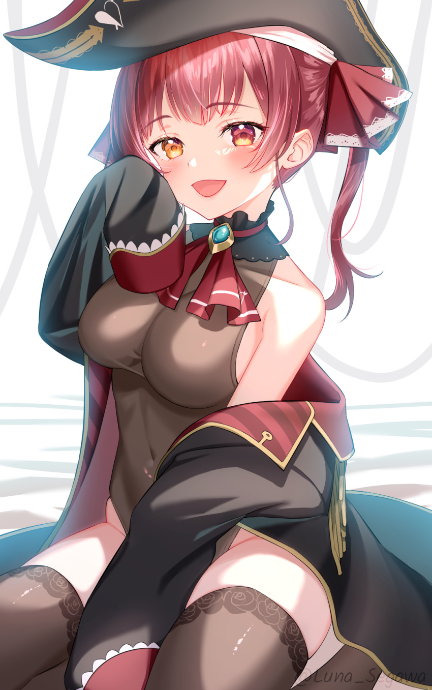 1girl :d arrow_through_heart ascot bangs between_legs black_coat black_headwear blush breasts brown_legwear brown_leotard coat collarbone covered_navel eyebrows_visible_through_hair floral_print hand_between_legs hand_up hat heterochromia highres hololive houshou_marine leotard long_sleeves looking_at_viewer luna_(mi-chanman) medium_breasts off_shoulder open_clothes open_coat open_mouth pirate_hat print_legwear red_eyes red_neckwear short_hair short_twintails sitting sleeves_past_fingers sleeves_past_wrists smile solo thigh-highs twintails twitter_username virtual_youtuber yellow_eyes