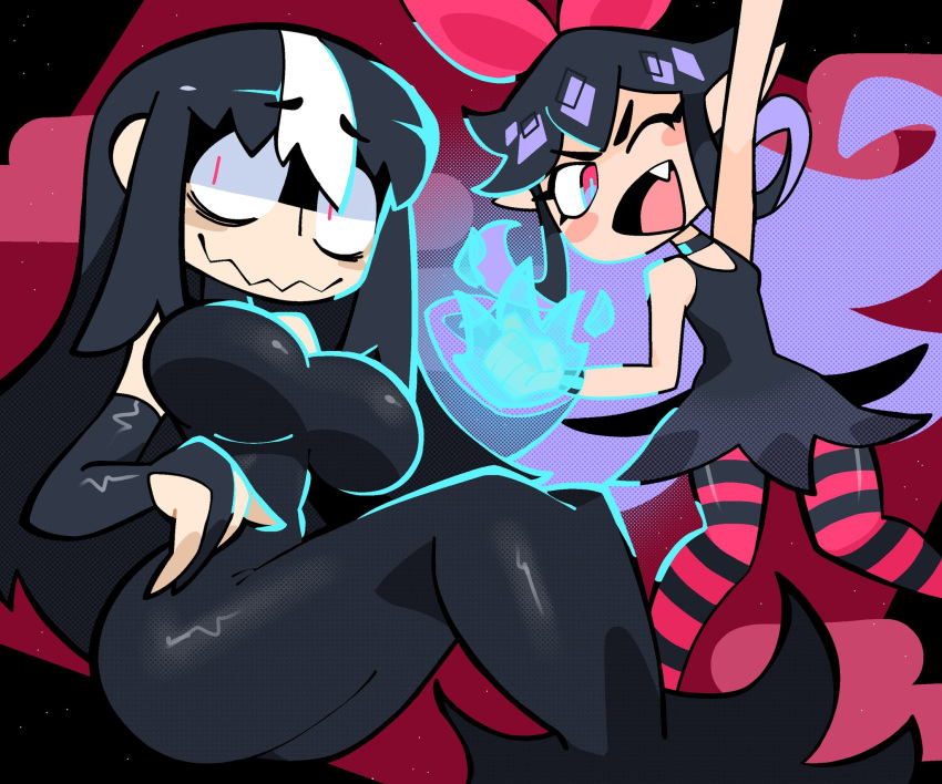 2girls bare_shoulders black_dress black_hair blue_fire bourbunbun breasts dress fang fingerless_gloves fire gloves highres large_breasts long_hair multiple_girls noss_(rariatto) one_eye_closed red_eyes sidelocks striped striped_legwear vampire zakuro_(rariatto)