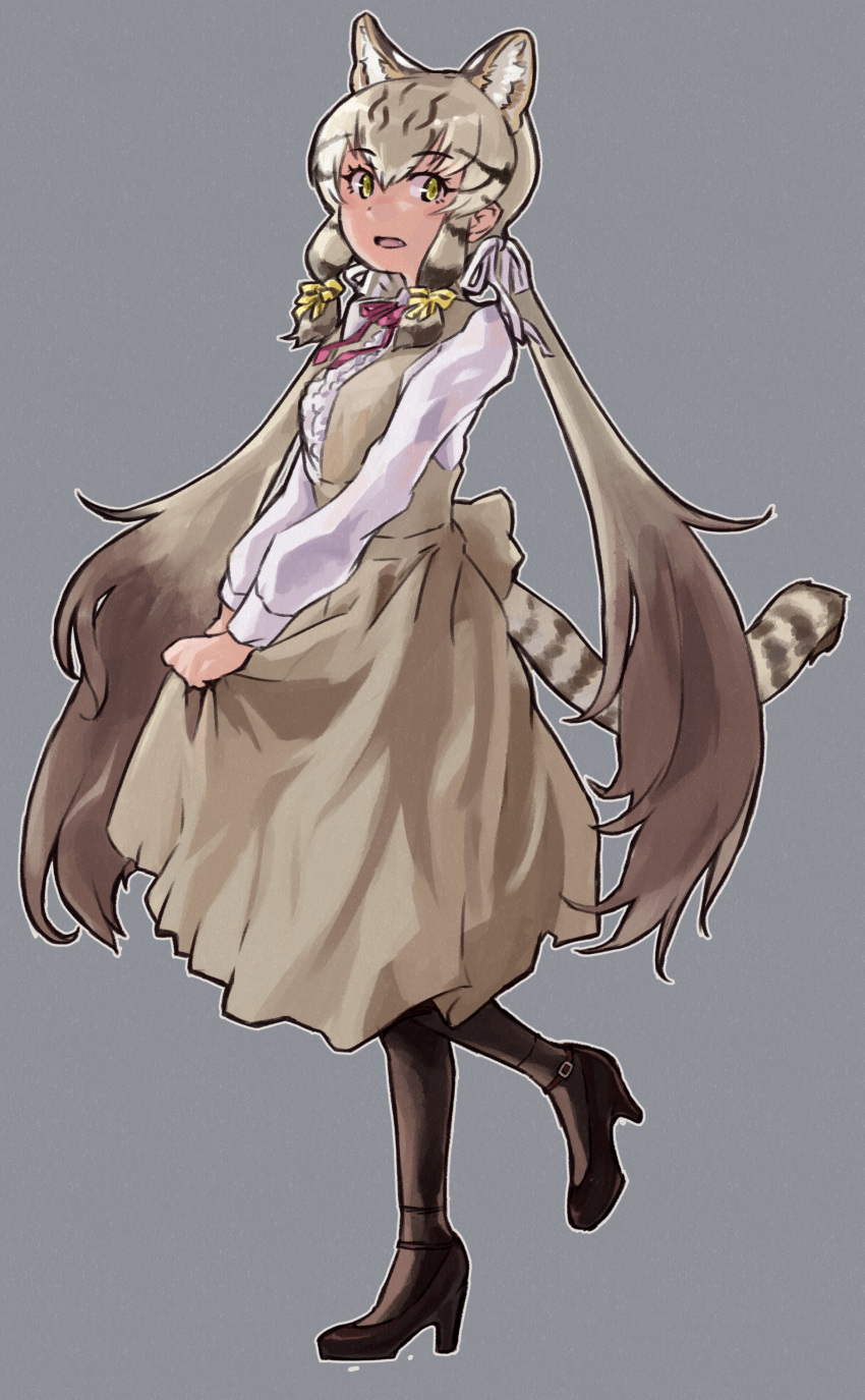 1girl absurdres alternate_costume animal_ears black_footwear black_legwear blonde_hair bow bowtie brown_hair casual cat_ears cat_girl cat_tail center_frills dress extra_ears eyebrows_visible_through_hair frills full_body geoffroy's_cat_(kemono_friends) grey_dress hair_bow high_heels highres kemono_friends long_dress long_hair long_sleeves multicolored_hair pantyhose red_neckwear sidelocks solo tail toriny twintails white_sleeves yellow_eyes
