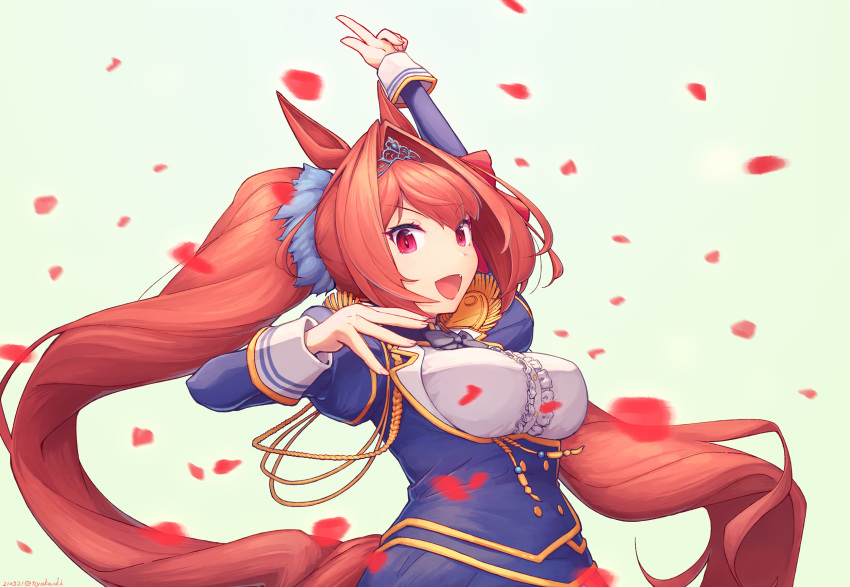 1girl :d animal_ears arm_up blue_scrunchie bow bowtie breasts brown_hair daiwa_scarlet epaulettes fang from_side hair_intakes hair_ornament hair_scrunchie highres horse_ears index_finger_raised large_breasts light_blue_background long_hair looking_at_viewer nakaaki_masashi open_mouth petals pointing pointing_up red_eyes scrunchie simple_background smile solo twintails umamusume very_long_hair