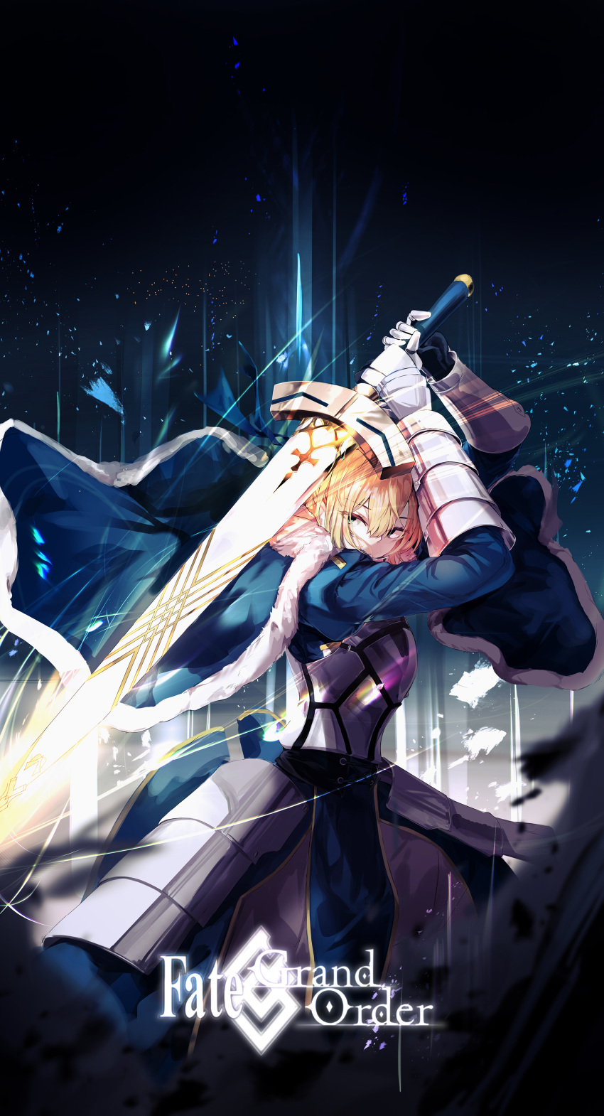 1girl absurdres armor armored_skirt artoria_pendragon_(all) bangs blonde_hair blue_cape blue_dress breastplate cape copyright_name dress excalibur_(fate/stay_night) eyebrows_visible_through_hair fate/grand_order fate_(series) fur_cape gauntlets green_eyes hair_between_eyes highres holding holding_sword holding_weapon kooemong saber solo standing sword weapon
