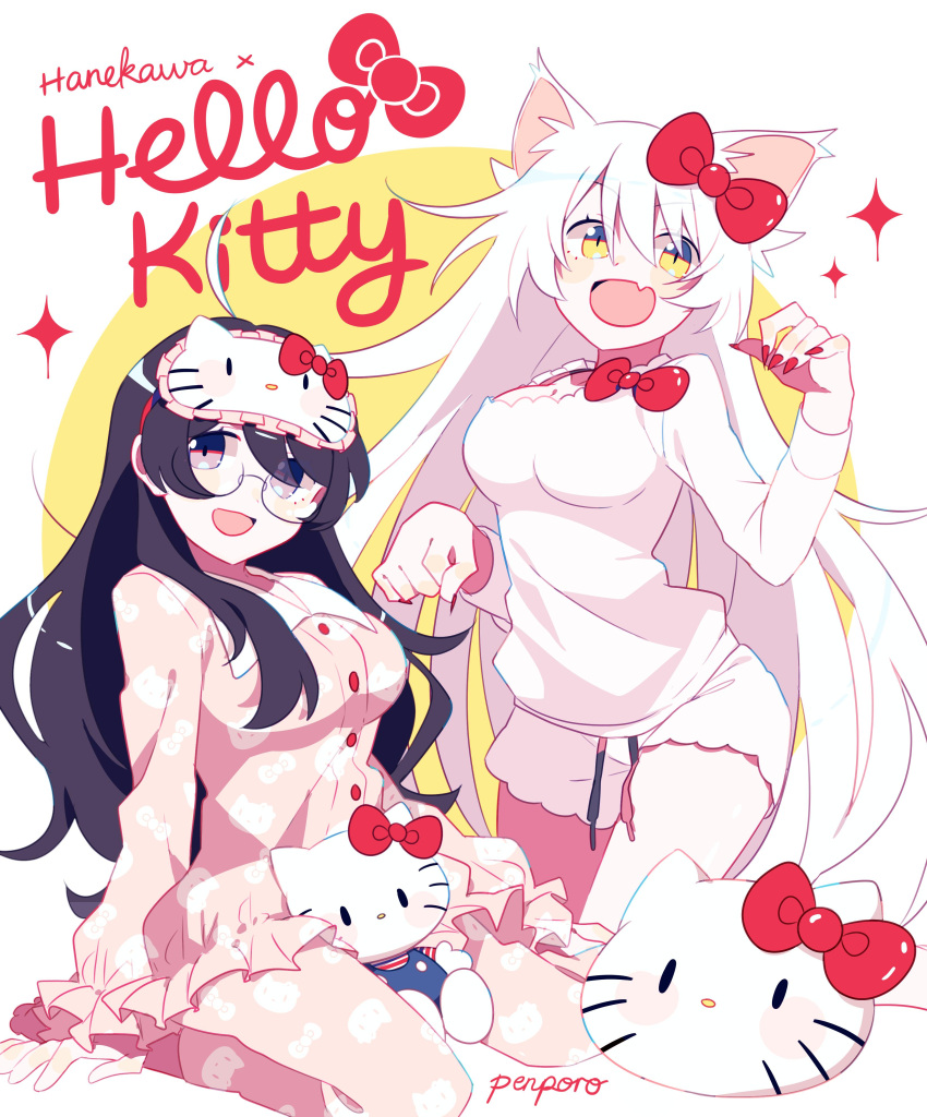 2girls absurdres animal_ears bakemonogatari black_hair black_hanekawa blue_eyes breasts cat_ears cat_girl fang glasses hair_between_eyes hair_ribbon hanekawa_tsubasa hello_kitty highres lipstick long_hair looking_at_viewer makeup monogatari_(series) multicolored multicolored_eyes multiple_girls p_enporo pajamas paw_pose ribbon shorts signature sitting thighs white_hair white_shorts yellow_eyes