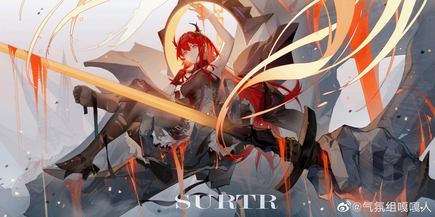 1girl absurdres arknights demon demon_girl demon_horns dress high_heels highres holding holding_weapon horns long_hair redhead shuiyaoximushi solo surtr_(arknights) sword torn_clothes torn_legwear violet_eyes weapon