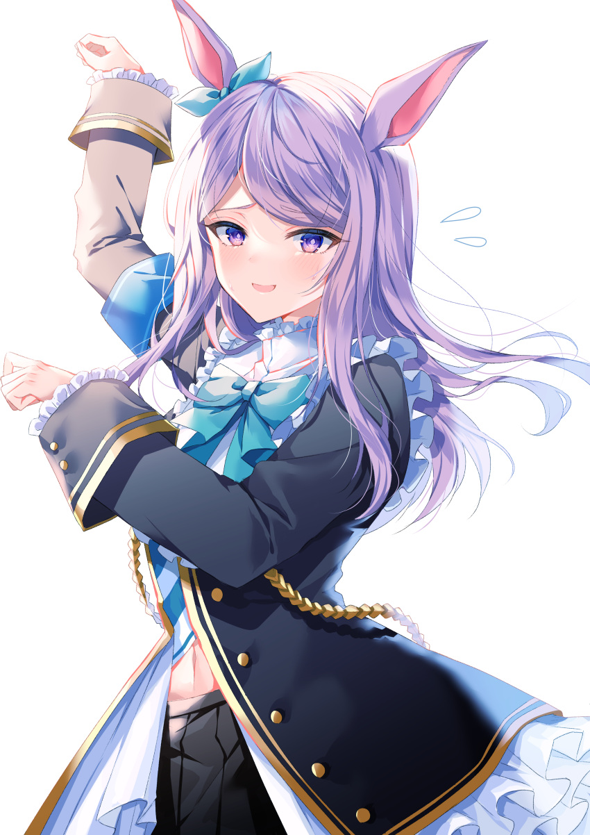 1girl :d absurdres animal_ears armband arms_up bangs black_coat black_skirt blue_bow blue_neckwear blue_ribbon blush bow bowtie coat cowboy_shot eyebrows_visible_through_hair flying_sweatdrops frilled_sleeves frills hair_ribbon highres horse_ears long_hair long_sleeves looking_at_viewer mejiro_mcqueen myusha navel nervous_smile open_clothes open_coat open_mouth pleated_skirt purple_hair ribbon simple_background skirt smile solo swept_bangs umamusume unbuttoned violet_eyes white_background