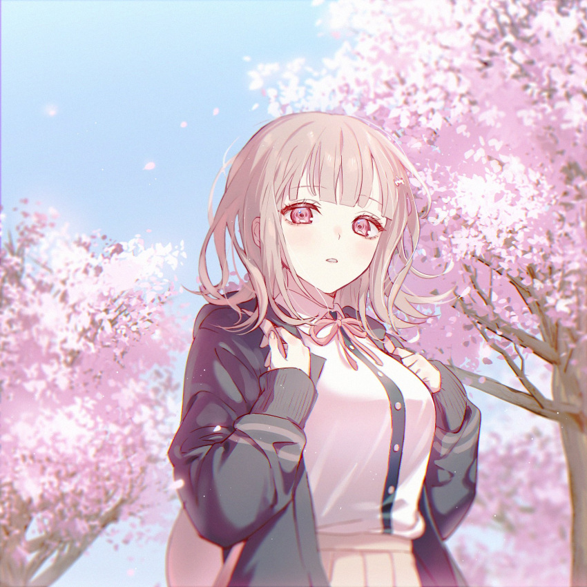 1girl backpack bag bangs black_jacket blush breasts brown_skirt cherry_blossoms collared_shirt dangan_ronpa_(series) dangan_ronpa_2:_goodbye_despair day dress_shirt flipped_hair flower hair_ornament hairclip hands_up highres io_(sinking=carousel) jacket large_breasts light_brown_hair looking_at_viewer medium_breasts medium_hair nanami_chiaki neck_ribbon open_clothes open_jacket outdoors pink_eyes pink_ribbon pleated_skirt ribbon shirt shirt_tucked_in skirt solo symbol_commentary upper_body white_shirt wisteria