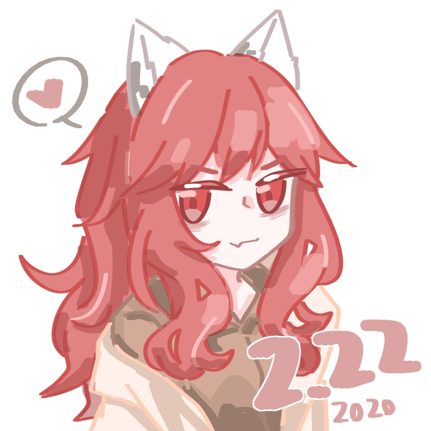 1girl animal_ears bags_under_eyes cat_ears commentary dated fake_animal_ears fang girls_frontline heart highres labcoat long_hair looking_at_viewer messy_hair pc_(jrra8523) persica_(girls_frontline) pink_hair red_eyes simple_background skin_fang smile solo spoken_heart upper_body white_background