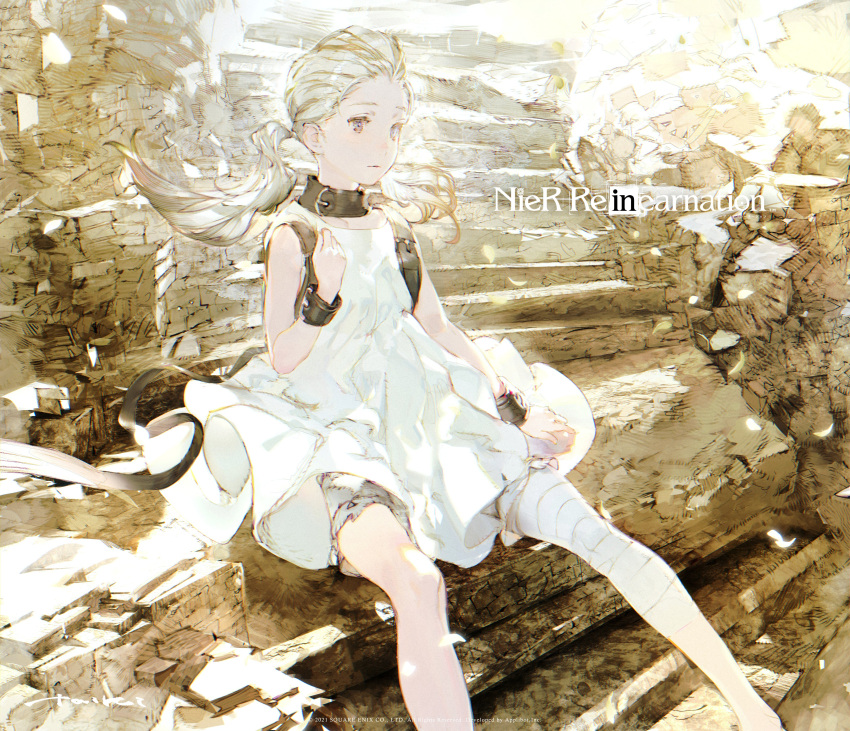 1girl absurdres artist_name bandaged_leg bandages bangs_pinned_back black_collar blonde_hair bloomers closed_mouth collar commentary_request copyright_name cuffs dress feet_out_of_frame floating_hair grey_eyes highres long_hair nier_(series) nier_reincarnation ruins second-party_source signature sitting sleeveless sleeveless_dress solo stairs taiki_(luster) twintails underwear watermark white_dress white_girl