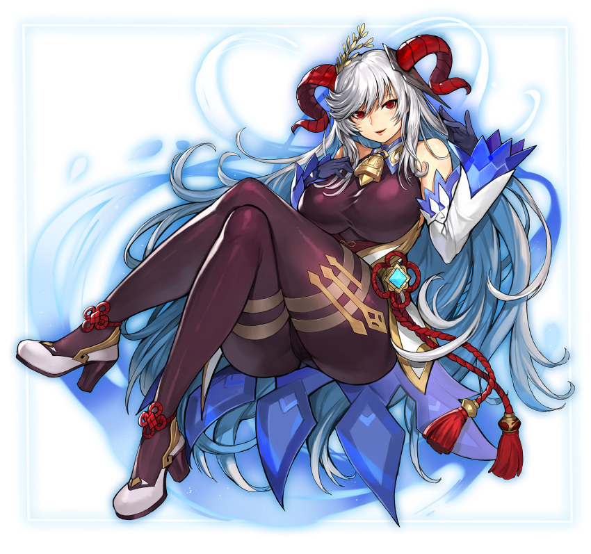 1girl ass bangs bare_shoulders bell black_gloves blue_hair bodystocking border breasts brown_bodysuit chinese_knot commentary cosplay cowbell crossed_legs curled_horns detached_sleeves dress eyebrows_visible_through_hair fire_emblem fire_emblem_heroes freyja_(fire_emblem) full_body ganyu_(genshin_impact) ganyu_(genshin_impact)_(cosplay) genshin_impact gloves goat_horns gold_trim gurimjang hair_between_eyes hand_on_own_chest high_heels highres horns invisible_chair large_breasts long_hair looking_at_viewer multicolored_hair outline parted_lips red_eyes red_horns sidelocks silver_hair sitting smile solo two-tone_hair vision_(genshin_impact) white_background white_dress white_footwear white_sleeves