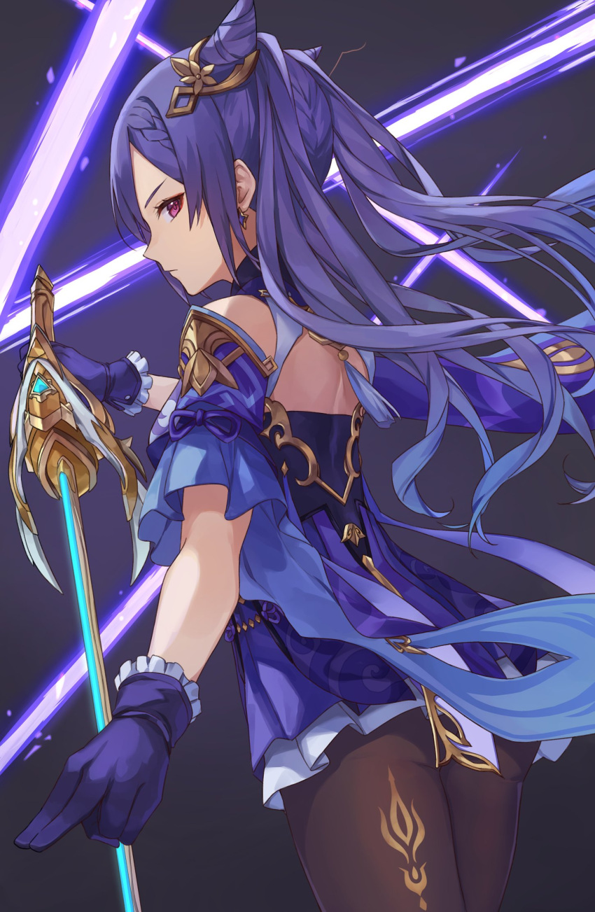 1girl braid double_bun dress earrings frilled_dress frilled_sleeves frills from_side genshin_impact gloves hair_bun hair_ornament hairclip highres holding holding_sword holding_weapon jewelry kamu_(kamuuei) keqing_(genshin_impact) purple_hair solo sword twintails violet_eyes weapon