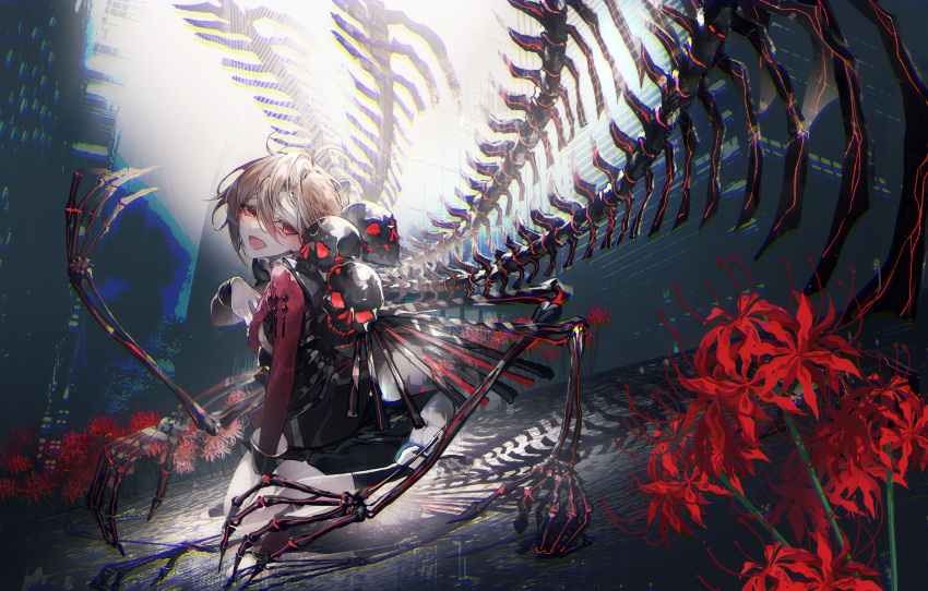 1girl absurdres bone chromatic_aberration flower highres huge_filesize looking_at_viewer mura_karuki open_clothes original pale_skin red_eyes red_flower short_hair skull spider_lily