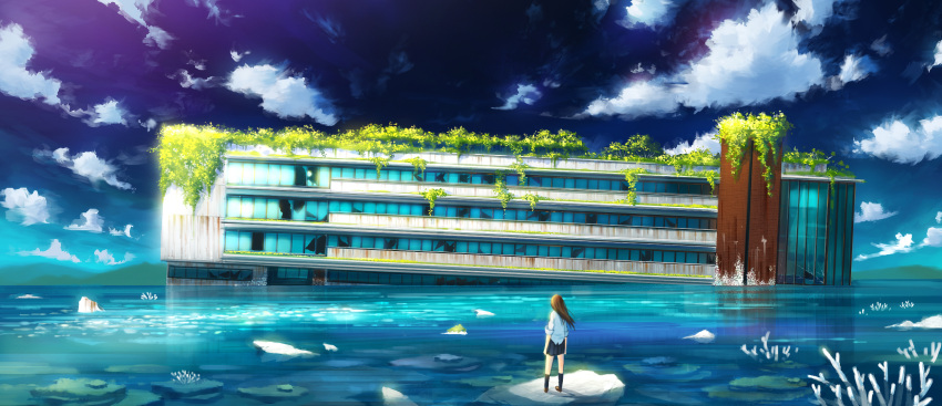 1girl abandoned broken_window building clouds coral day facing_away from_behind highres long_hair original outdoors overgrown partially_immersed rock scenery shirt skirt sky solo standing suzuke water white_shirt