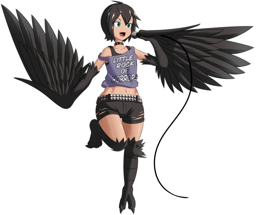 1boy bangs belt black_bra black_feathers black_hair black_wings bra choker commentary english_commentary eyebrows_visible_through_hair fang feathered_wings feathers freckles green_eyes grey_tank_top hair_between_eyes harpy_boy highres holding holding_microphone jae_(kt80at) kt80at male_focus microphone midriff monster_boy navel open_mouth original otoko_no_ko short_hair short_shorts shorts simple_background solo sports_bra standing standing_on_one_leg studded_choker talons tan tank_top torn_clothes torn_shorts underwear white_background winged_arms wings
