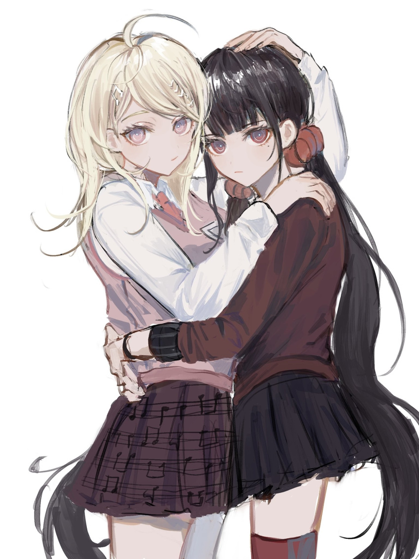 2girls ahoge akamatsu_kaede bangs beamed_eighth_notes black_hair black_skirt blonde_hair blunt_bangs blush closed_mouth collared_shirt commentary_request cowboy_shot dangan_ronpa_(series) dangan_ronpa_v3:_killing_harmony dutch_angle eighth_note frown hair_ornament hairclip hand_on_another's_head hand_on_another's_shoulder harukawa_maki highres hug long_hair long_sleeves looking_at_viewer looking_to_the_side low_twintails miniskirt mole mole_under_eye multiple_girls musical_note musical_note_hair_ornament necktie nokoru_sora pink_eyes pink_vest pleated_skirt red_eyes red_scrunchie red_shirt sailor_collar school_uniform scrunchie serafuku shiny shiny_hair shiny_skin shirt simple_background skirt smile sweater_vest symbol_commentary twintails vest white_background white_shirt