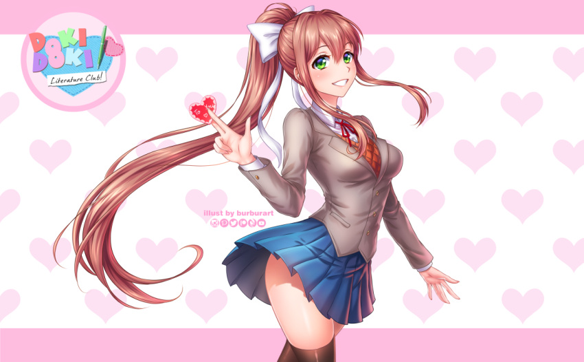 1girl artist_name bangs between_fingers black_legwear blue_skirt burbur commentary cowboy_shot doki_doki_literature_club english_commentary green_eyes grey_jacket grin hair_between_eyes hair_ribbon heart heart_background jacket logo long_hair long_sleeves looking_at_viewer monika_(doki_doki_literature_club) pleated_skirt ponytail ribbon school_uniform sidelocks skirt smile solo thigh-highs very_long_hair white_ribbon