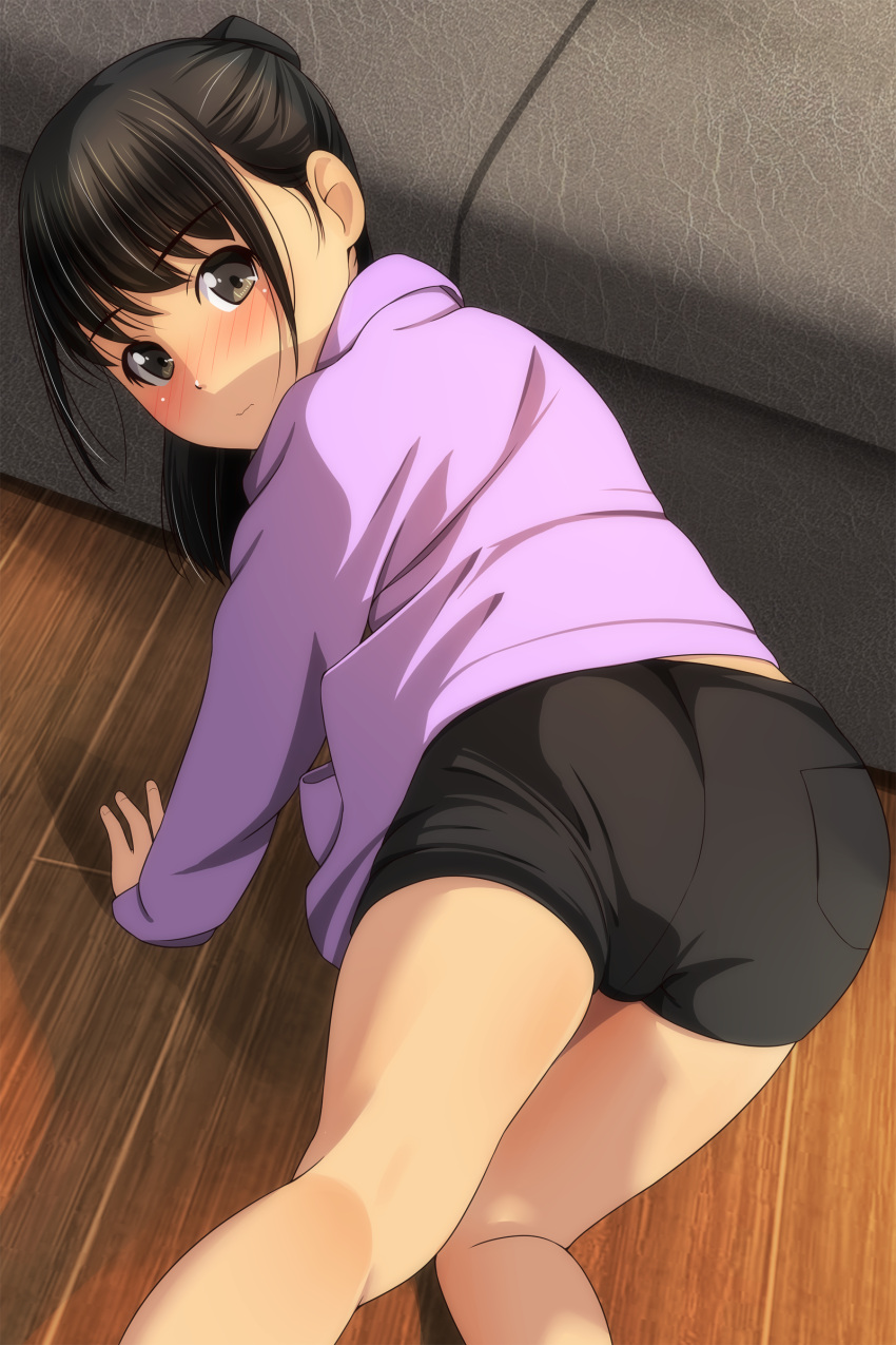 1girl absurdres all_fours ass bangs black_hair black_shorts blush brown_eyes closed_mouth couch eyebrows_visible_through_hair feet_out_of_frame from_behind highres long_hair long_sleeves looking_at_viewer looking_back matsunaga_kouyou nose_blush on_floor original purple_shirt shirt short_shorts shorts sleeves_past_wrists solo thighs wooden_floor