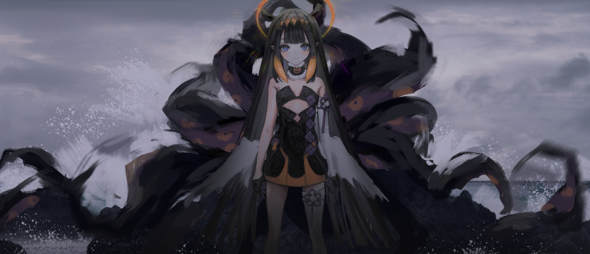 1girl bangs black_dress black_hair blue_eyes blunt_bangs clouds cloudy_sky commentary detached_sleeves diamond_hairband dress english_commentary es-ther feet_out_of_frame flat_chest fur-trimmed_choker gradient_hair halo highres hololive hololive_english light_smile long_hair long_sleeves looking_at_viewer multicolored_hair muted_color ninomae_ina'nis ocean orange_hair outdoors pointy_ears single_detached_sleeve single_thighhigh sky smile solo strapless strapless_dress tentacle_hair tentacles thigh-highs virtual_youtuber waves white_legwear wide_sleeves