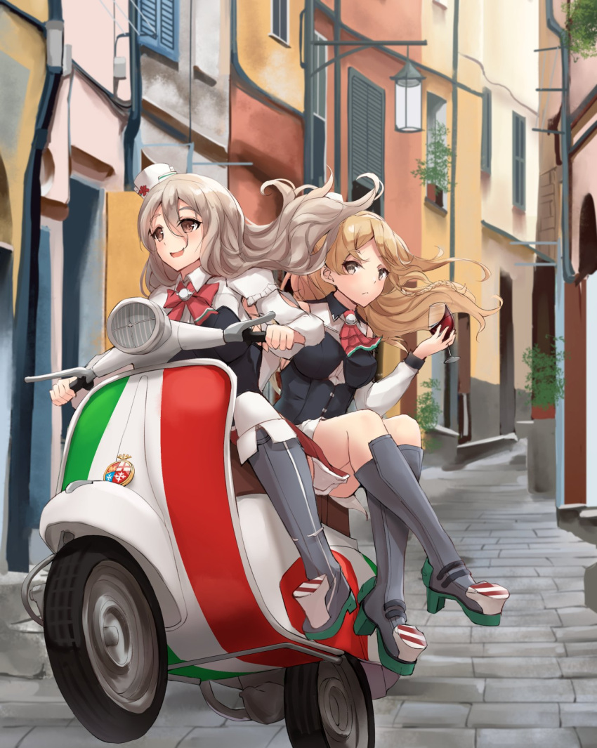 2girls ascot bare_shoulders blonde_hair boots bow bowtie braid breasts brown_eyes corset day french_braid grey_hair ground_vehicle hat highres k_jie kantai_collection large_breasts long_hair mini_hat miniskirt moped motor_vehicle multiple_girls outdoors pola_(kancolle) red_neckwear riding road scooter shirt skirt stairs street thick_eyebrows thigh-highs tilted_headwear vespa wavy_hair white_legwear white_shirt zara_(kancolle)