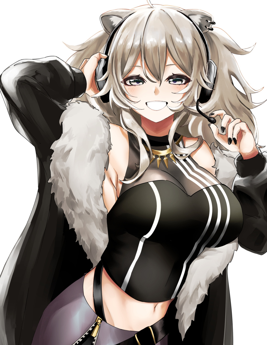 1girl absurdres animal_ears armpits bangs bare_shoulders black_jacket black_nails black_shirt breasts commentary crop_top fur-trimmed_jacket fur_trim grey_eyes grey_skirt grin hand_up headphones headset highres hololive jacket large_breasts lion_ears long_hair long_sleeves looking_at_viewer midriff nail_polish navel off_shoulder open_clothes open_jacket shirt shishiro_botan silver_hair simple_background skirt smile solo upper_body white_background yunona