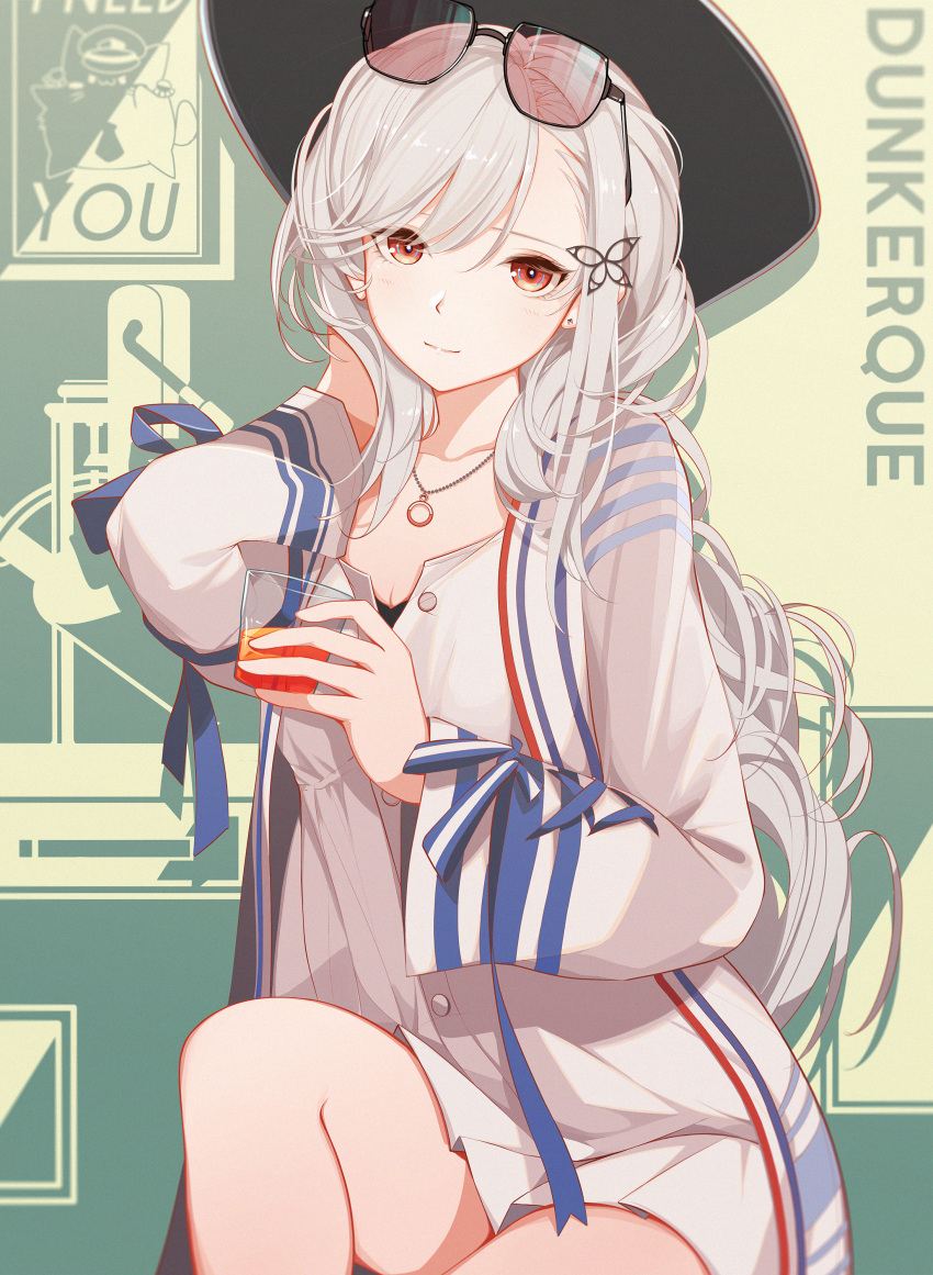 1girl absurdres azur_lane black_headwear butterfly_hair_ornament character_name cup dress dunkerque_(afternoon_aphrodite)_(azur_lane) dunkerque_(azur_lane) eyewear_on_head french_flag grey_hair hair_ornament hand_in_hair highres holding holding_cup jacket long_hair meowfficer_(azur_lane) official_alternate_costume pink-tinted_eyewear rabe26k red_eyes solo sunglasses tinted_eyewear very_long_hair white_dress white_jacket