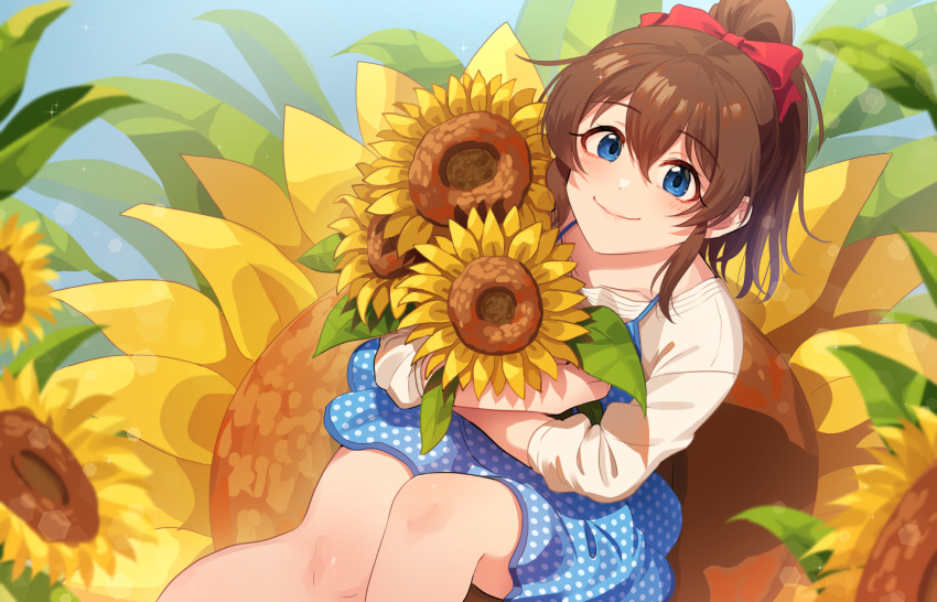 1girl bangs blue_eyes blurry brown_hair closed_mouth collarbone depth_of_field eyebrows_visible_through_hair flower idolmaster idolmaster_million_live! idolmaster_million_live!_theater_days kamille_(vcx68) long_hair looking_at_viewer polka_dot ponytail satake_minako smile solo sparkle sunflower