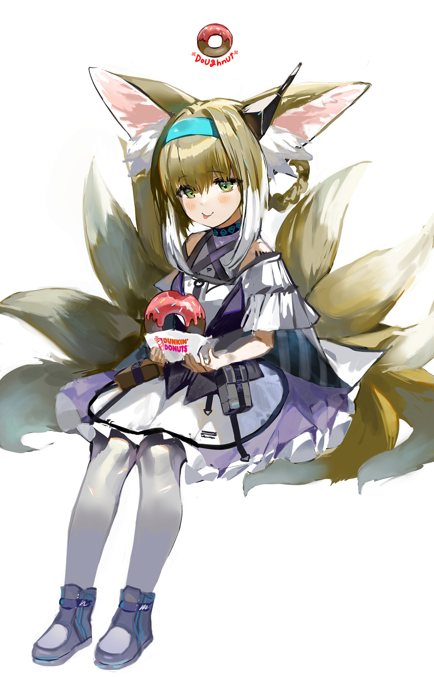 1girl :p absurdres animal_ear_fluff animal_ears aqua_hairband arknights bangs bare_shoulders black_footwear blonde_hair blush braid commentary_request doughnut dress dunkin'_donuts earpiece eyebrows_visible_through_hair food fox_ears fox_girl fox_tail frilled_dress frills full_body green_eyes hair_rings hairband highres holding holding_food kitsune kyuubi moko_(moko/moko) multiple_tails pouch shoes sitting solo suzuran_(arknights) tail tongue tongue_out twin_braids white_background white_legwear