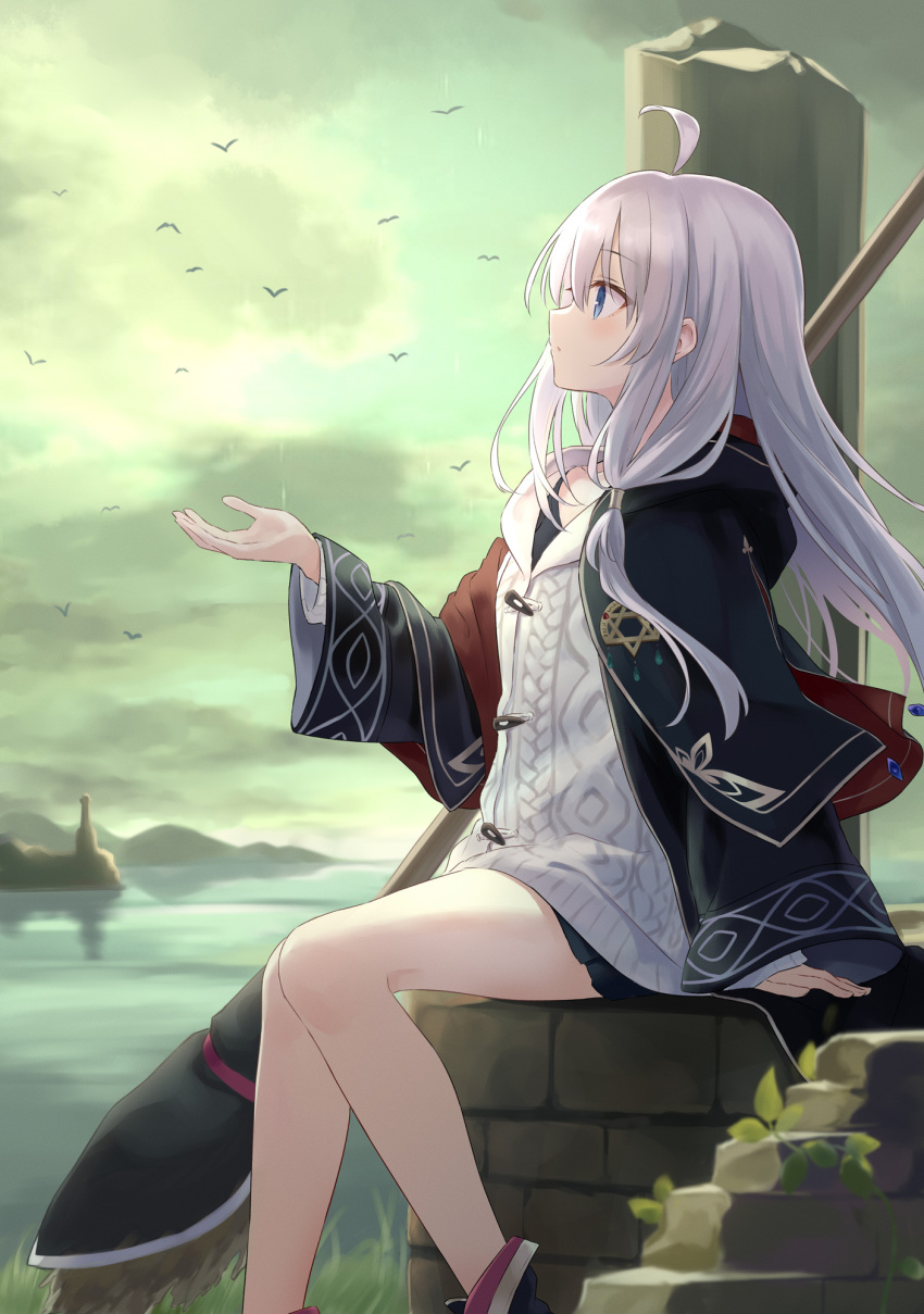 1girl ahoge artist_name azuuru bangs black_coat black_skirt blue_eyes blush cardigan closed_mouth clouds coat cover cover_page elaina_(majo_no_tabitabi) eyebrows_visible_through_hair floating_hair green_sky hair_between_eyes highres hooded_cardigan long_hair long_sleeves majo_no_tabitabi miniskirt novel_cover novel_illustration official_art open_clothes open_coat outdoors pleated_skirt profile ribbed_cardigan shiny shiny_hair silver_hair sitting skirt solo very_long_hair white_cardigan
