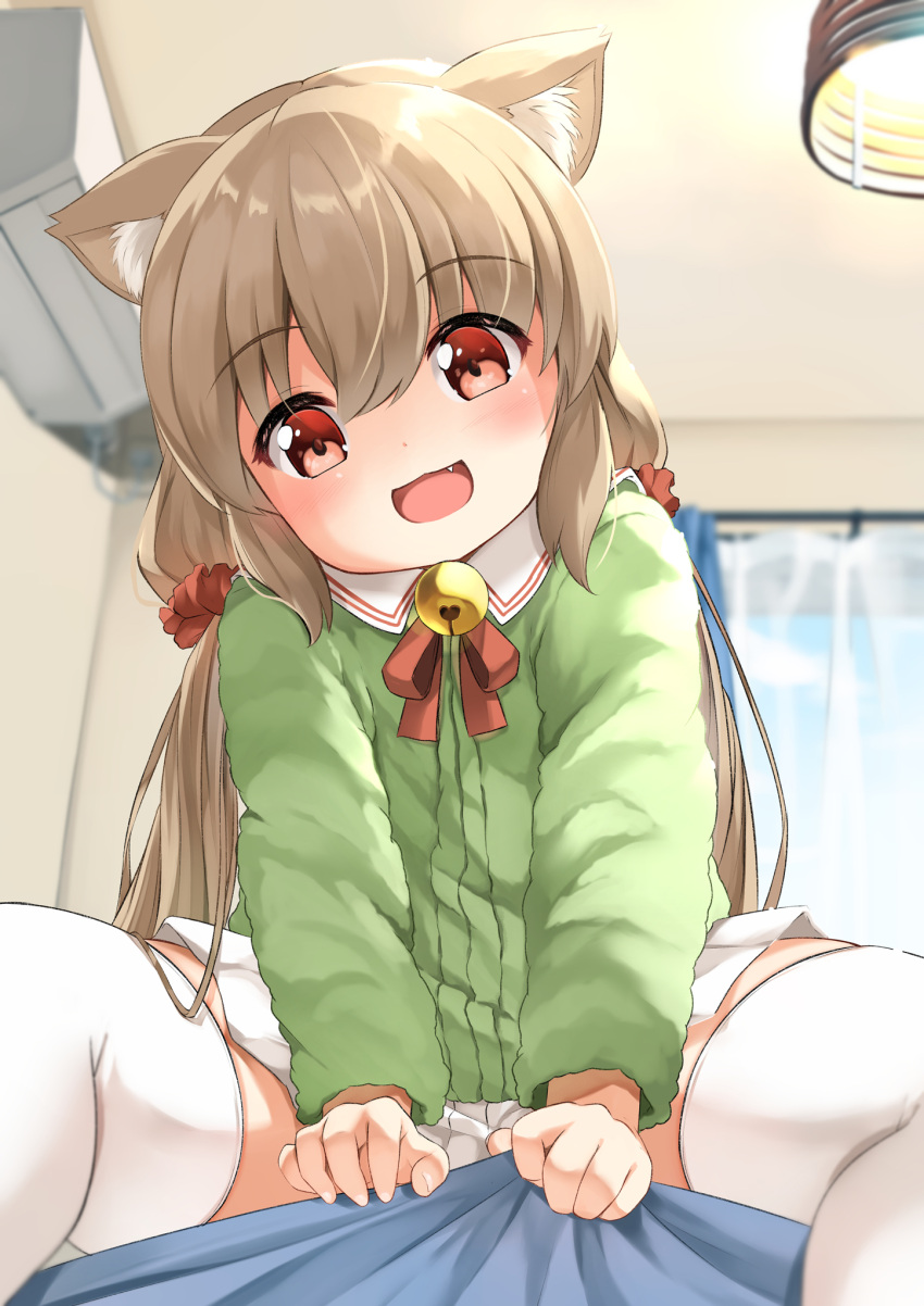 1girl :d animal_ear_fluff animal_ears bangs bell blurry blurry_background blush brown_hair cat_ears commentary_request curtains depth_of_field eyebrows_visible_through_hair fang feet_out_of_frame green_jacket hair_between_eyes head_tilt highres indoors jacket jingle_bell long_hair long_sleeves looking_at_viewer low_twintails neck_ribbon open_mouth original pleated_skirt red_eyes red_ribbon ribbon sitting skirt smile solo sora_(silent_square) thigh-highs transparent twintails very_long_hair white_legwear white_skirt