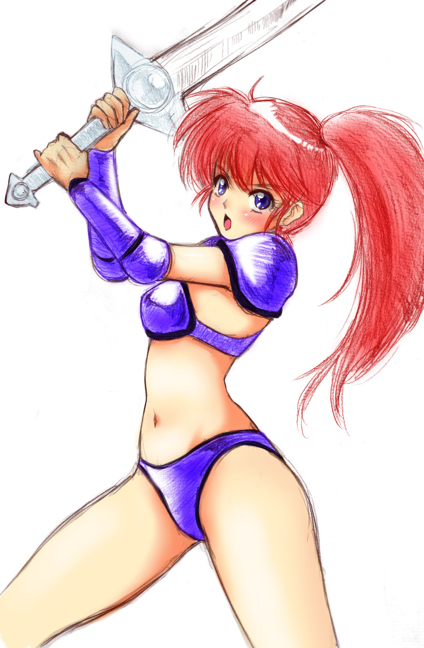 1girl absurdres armor arms_up asagiri_youko bikini bikini_armor blue_bikini blue_eyes blush breasts fighting_stance genmu_senki_leda highres legs legs_apart long_hair nanao_futaba navel open_mouth pauldrons redhead shoulder_armor side_ponytail simple_background sketch solo swimsuit sword thighs traditional_media vambraces weapon white_background