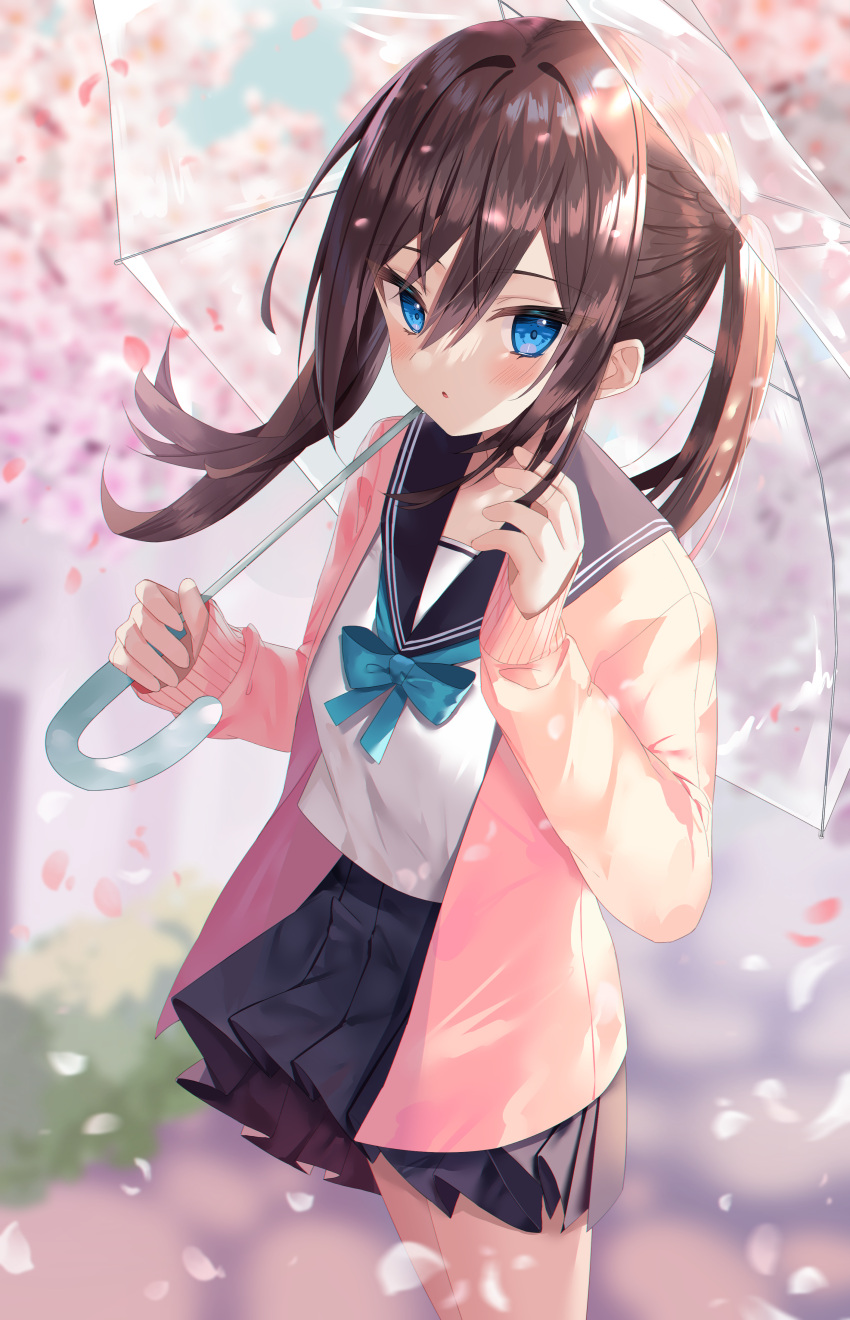 1girl :o absurdres bangs black_sailor_collar black_skirt blue_eyes blue_neckwear blush bow bowtie brown_hair cardigan cherry_blossoms commentary_request day highres holding holding_hair holding_umbrella huion long_hair long_sleeves looking_at_viewer open_cardigan open_clothes outdoors petals pink_cardigan playing_with_own_hair pleated_skirt sailor_collar school_uniform serafuku shirt sidelocks sinobi_illust skirt solo standing transparent transparent_umbrella twintails umbrella white_shirt