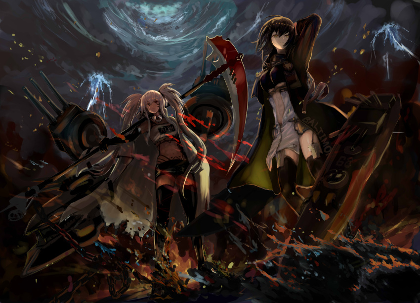 2girls absurdres ahoge alabama_(azur_lane) anchor azur_lane baltimore_(azur_lane) bikini bikini_top black_coat black_gloves black_hair black_legwear body_markings braid breasts chain character_name clouds cloudy_sky coat crop_top dark_skin dark-skinned_female detached_collar dmno#0 elbow_gloves facial_mark from_below garter_straps gloves highres holding holding_scythe large_breasts long_coat long_hair looking_at_viewer looking_down medium_hair multiple_girls native_american open_clothes open_coat red_eyes rigging scythe short_shorts shorts sky swimsuit thigh-highs turret twintails under_boob very_long_hair white_coat white_hair yellow_eyes