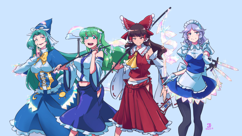 4girls apron ascot blue_capelet blue_dress blue_eyes blue_skirt blush bow braid breasts brown_eyes brown_hair capelet cirno collared_shirt corset david_hrusa detached_sleeves dress frilled_apron frilled_skirt frills frog frog_hair_ornament gloves gohei green_eyes green_hair hair_bow hair_ornament hair_tubes hakurei_reimu hat highres izayoi_sakuya japanese_clothes knife kochiya_sanae long_hair long_skirt maid maid_apron maid_headdress medium_hair miko mima_(touhou) moon multiple_girls nontraditional_miko open_mouth puffy_short_sleeves puffy_sleeves rainbow red_bow red_skirt ribbon shirt short_sleeves silver_hair skirt sleeveless smile snake snake_hair_ornament staff sun touhou touhou_(pc-98) twin_braids unconnected_marketeers white_gloves white_shirt witch_hat wizard_hat yellow_neckwear