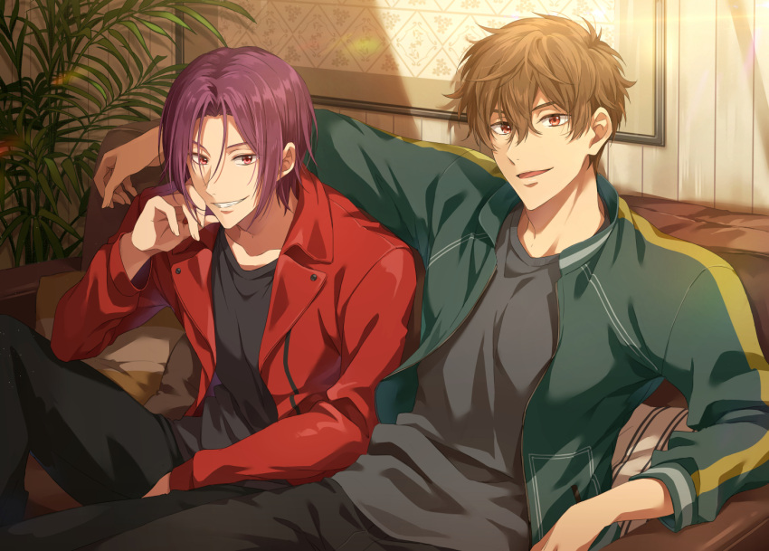 2boys arm_around_shoulder between_legs black_pants black_shirt brown_hair collarbone collared_jacket couch free! green_jacket grin hair_between_eyes hand_between_legs hand_on_own_cheek hand_on_own_face head_rest indoors jacket kirishima_natsuya knee_up looking_at_viewer male_focus matsuoka_rin multiple_boys on_couch open_mouth painting_(object) palm_tree pants picture_frame plant potted_plant red_eyes red_jacket redhead sharp_teeth shirt side-by-side sitting smile striped_pillow teeth track_jacket tree wooden_wall zattape