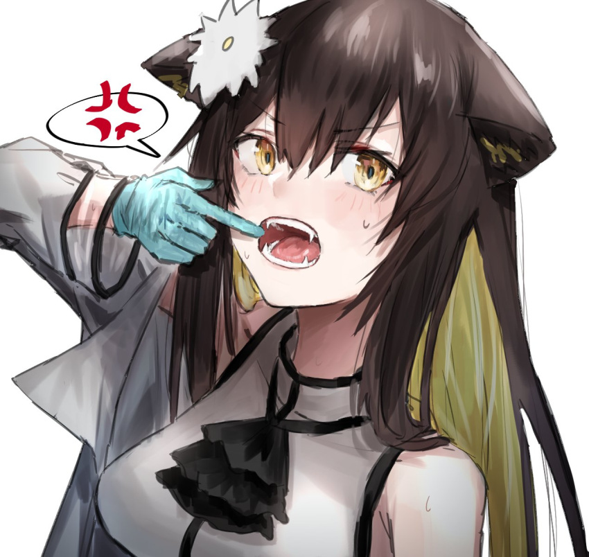 1girl anger_vein animal_ears arknights arm_up bare_shoulders blue_gloves blush breasts brown_eyes brown_hair cat_ears colored_inner_hair eyebrows_visible_through_hair fangs finger_in_mouth folinic_(arknights) gloves green_hair grey_jacket hair_ornament highres jacket long_hair long_sleeves looking_at_viewer medium_breasts multicolored_hair off_shoulder open_clothes open_jacket raw_egg_lent see-through shirt solo speech_bubble spoken_anger_vein sweat teeth two-tone_hair upper_body v-shaped_eyebrows white_shirt