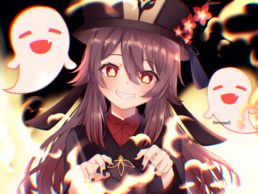 1girl bangs black_coat black_headwear blush breasts brown_hair coat fire flower genshin_impact ghost grin hat hat_flower highres hu_tao kanayell long_hair long_sleeves looking_at_viewer plum_blossoms red_eyes small_breasts smile symbol-shaped_pupils twintails very_long_hair