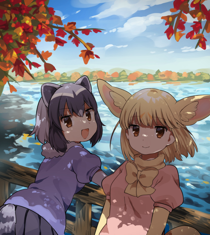animal_ears black_hair blonde_hair blue_swimsuit bow bowtie commentary_request common_raccoon_(kemono_friends) elbow_gloves extra_ears eyebrows_visible_through_hair fennec_(kemono_friends) fox_ears fox_girl fox_tail fur_collar gloves grey_hair grey_skirt hair_between_eyes highres kemono_friends looking_at_viewer multicolored_hair pink_sweater pleated_skirt puffy_short_sleeves puffy_sleeves raccoon_ears raccoon_girl raccoon_tail short_hair short_sleeves sidelocks skirt sky suicchonsuisui sweater swimsuit tail water white_fur white_gloves white_hair yellow_gloves yellow_neckwear