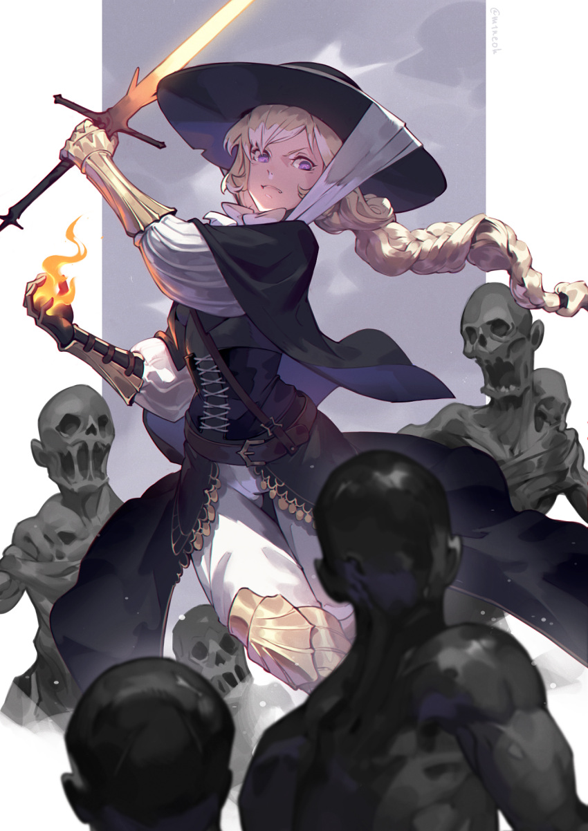 1girl bangs belt blonde_hair braid braided_ponytail cloak closed_mouth fire gloves hat highres holding holding_sword holding_weapon jiro_(ninetysix) looking_at_viewer monster original simple_background solo sword two-tone_background violet_eyes weapon wrist_guards