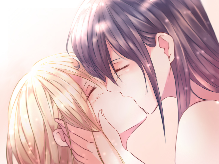 2girls aihara_mei aihara_yuzu bangs bare_shoulders black_hair blonde_hair citrus_(saburouta) closed_eyes eyebrows_visible_through_hair fingernails from_side hair_behind_ear hand_on_another's_cheek hand_on_another's_face highres incest kiss multiple_girls redqueen step-siblings wife_and_wife yuri